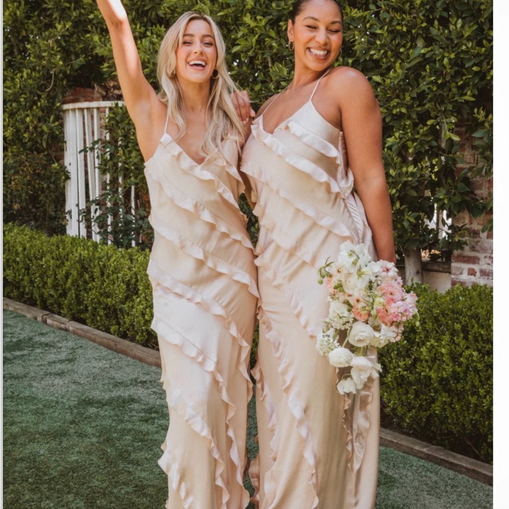 Show me your mumu romance ruffle dress champagne luxe satin